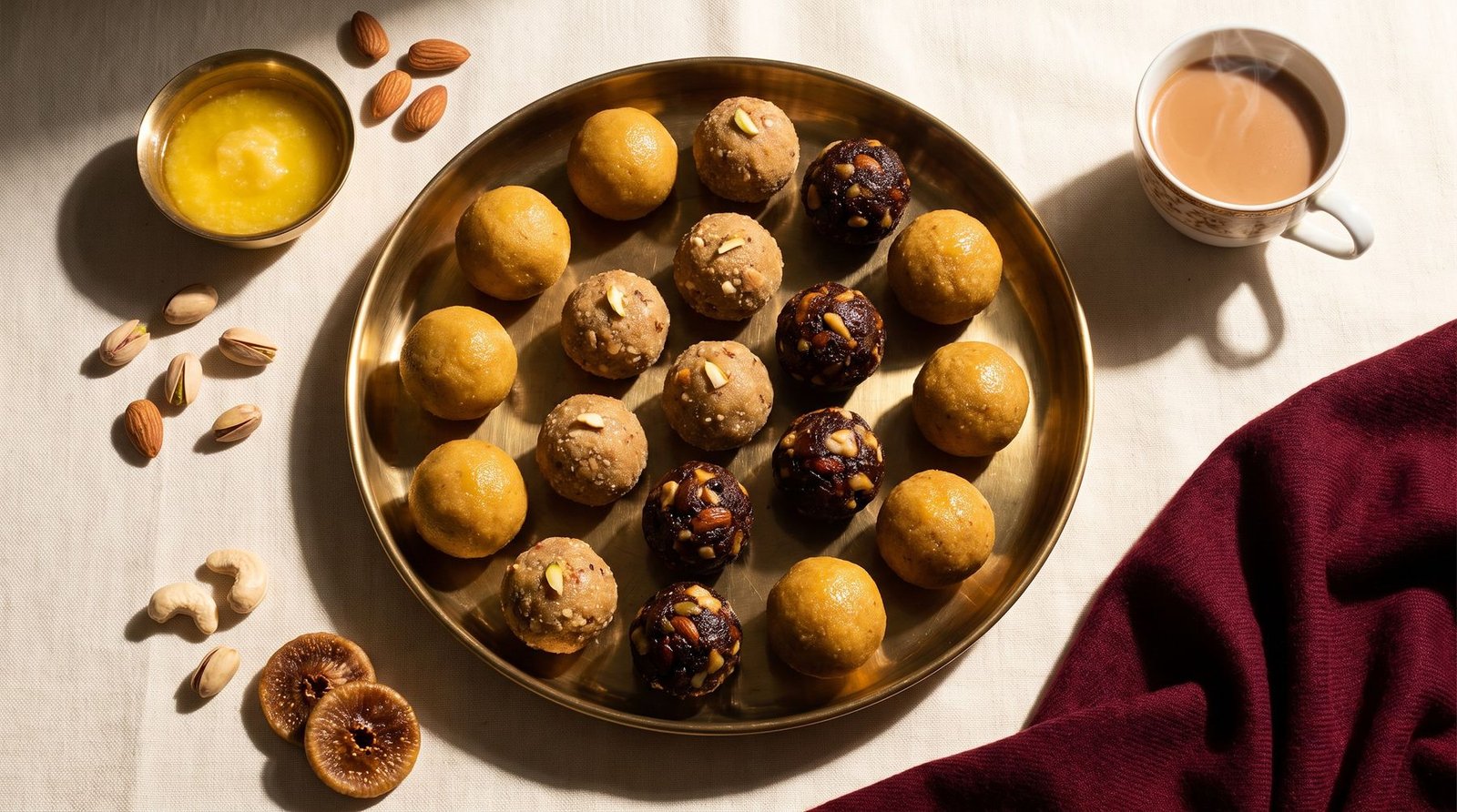 Hand-rolled besan, gond and date laddoos on a brass thali with ghee, almonds, figs and a cup of chai